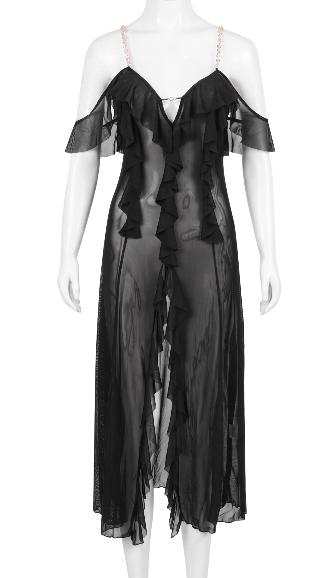 Front view of black sheer ruffled gown on mannequin