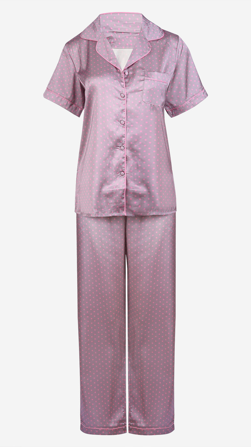 Mauve Polka Dot Satin 3pc Pajama Set – Shirt, Shorts & Pant