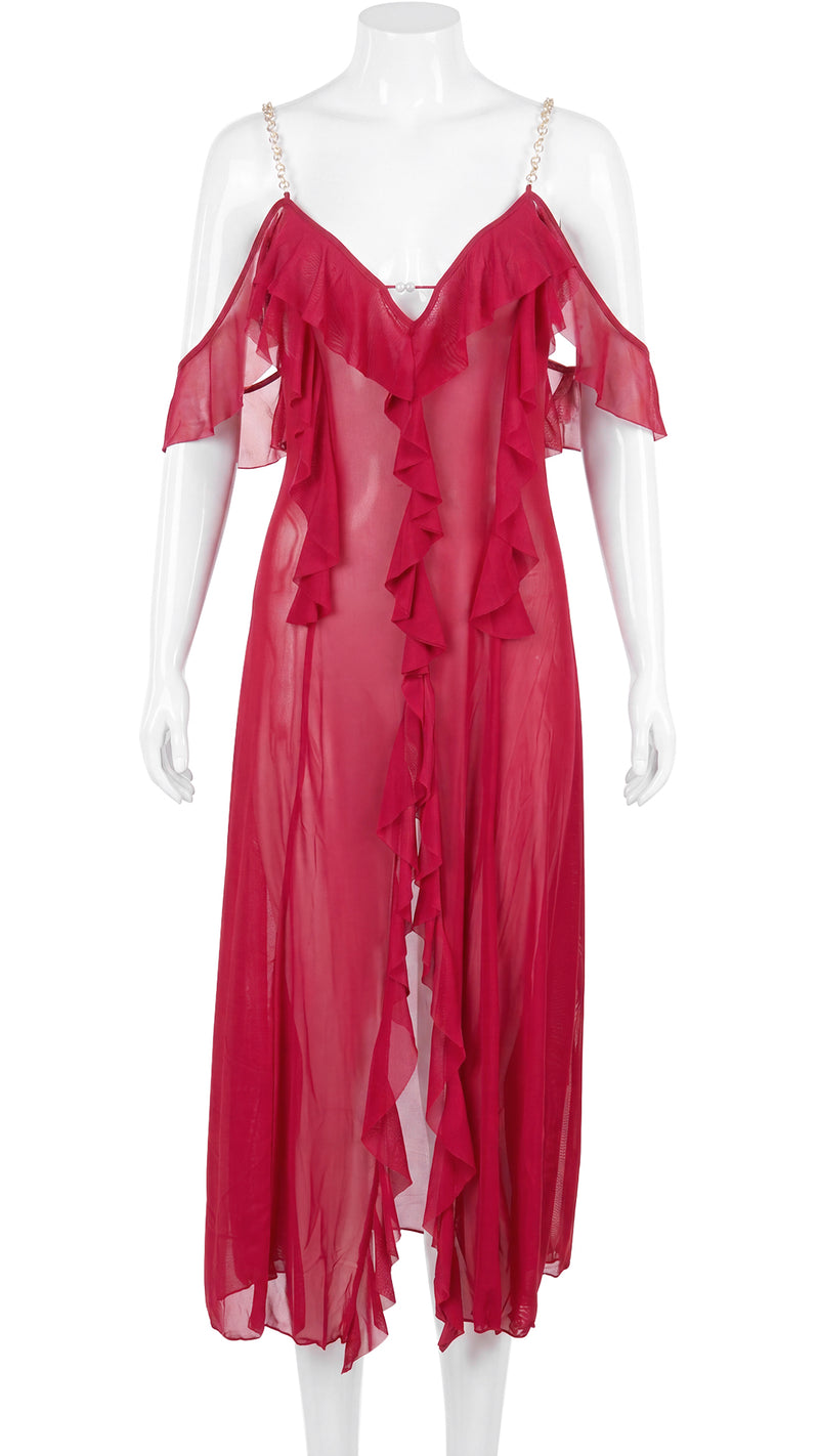Front view of red sheer ruffled gown on mannequin