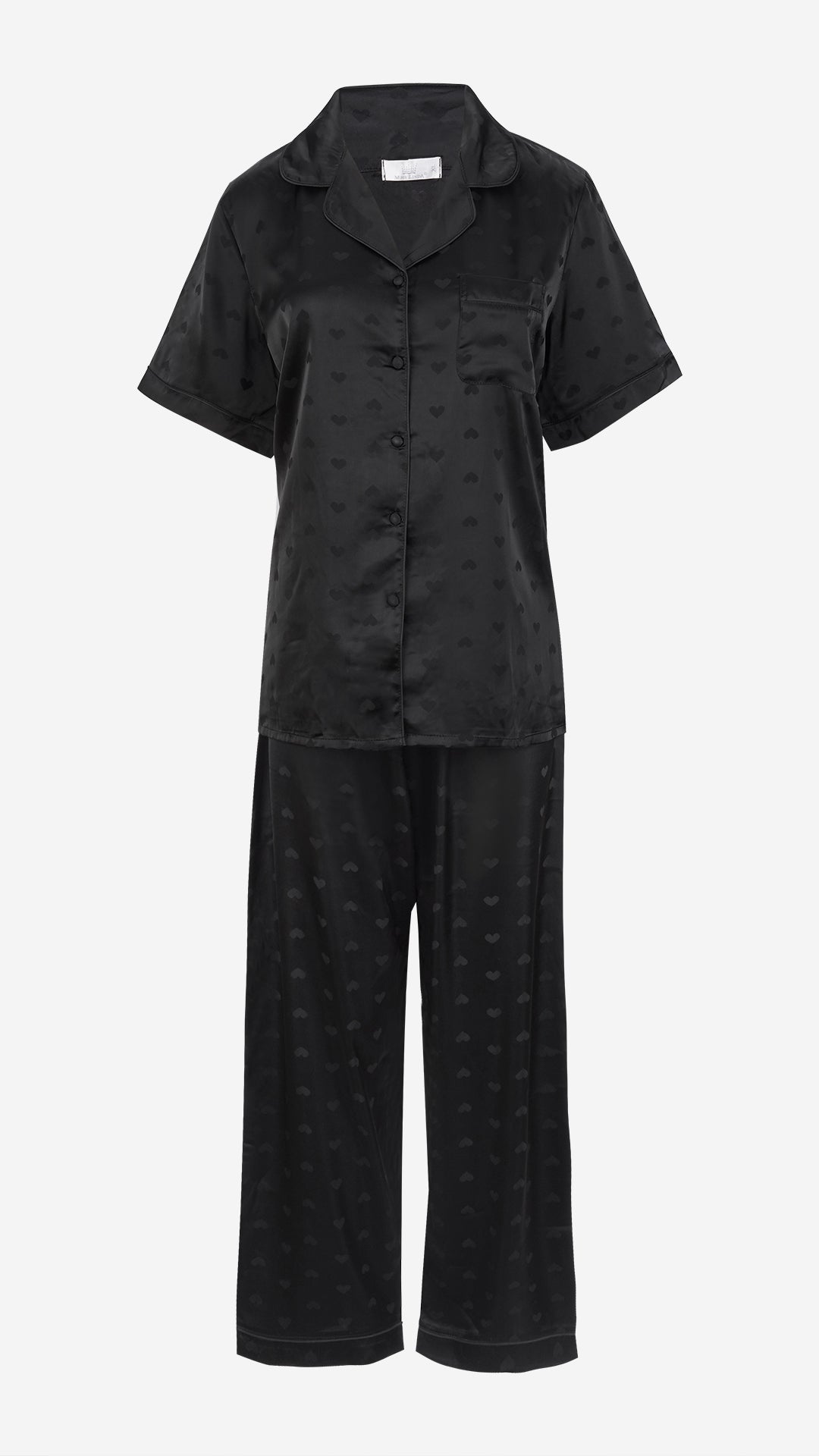 Black Heart Jacquard Satin Pajama Set — Shirt, Shorts & Pants