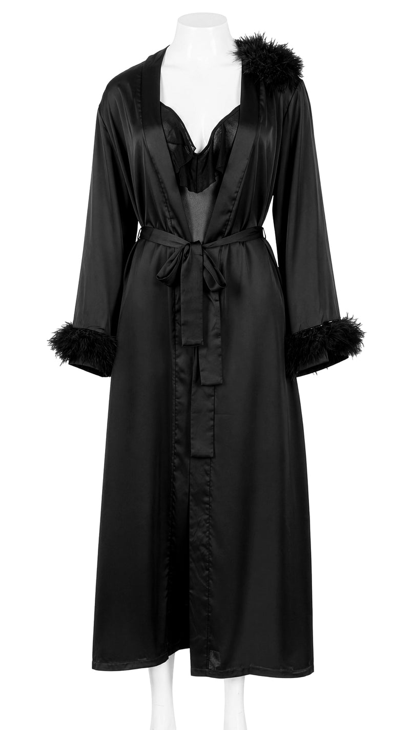 Mannequin display of black feather-trim satin robe