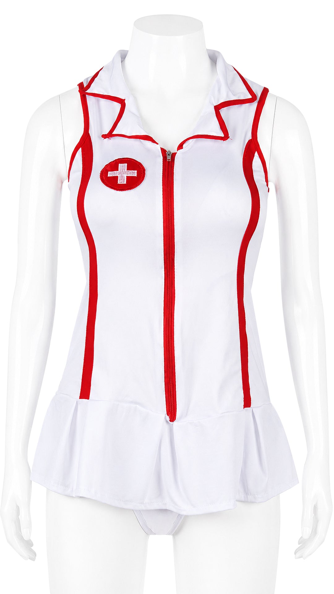 White nurse costume dress with red trim on mannequin, front view