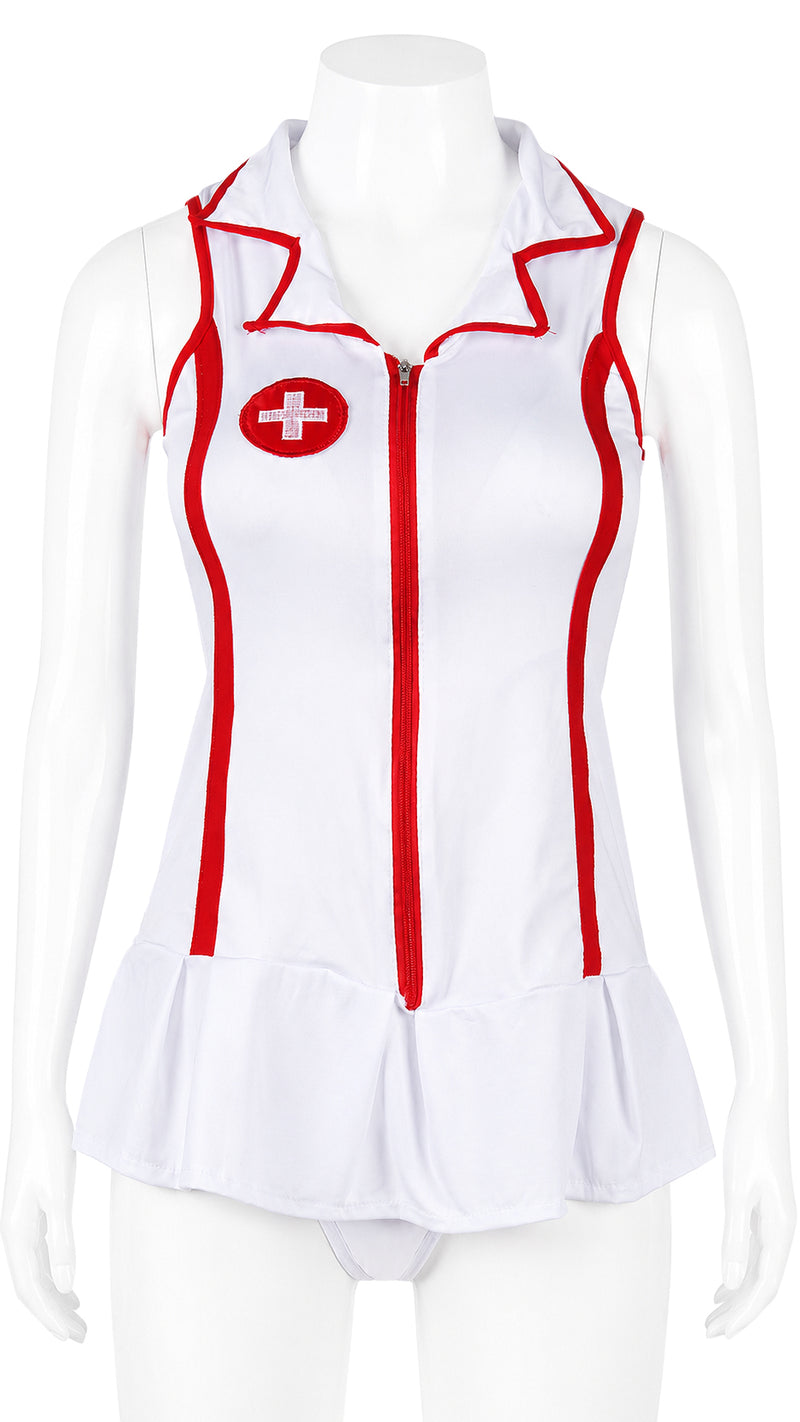 White nurse costume dress with red trim on mannequin, front view