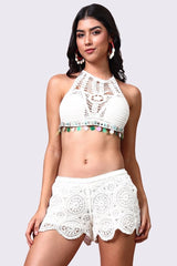 AXTZH Crochet Beach Shorts with Handcrafted Detailing and Scalloped Hemline-X0345-WHITE1-BW1PST