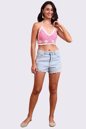 AXTZH Crochet Halter Beachwear Bra Top with Handcrafted Detailing and Playful Design-X0169-PINK-BW1PBL