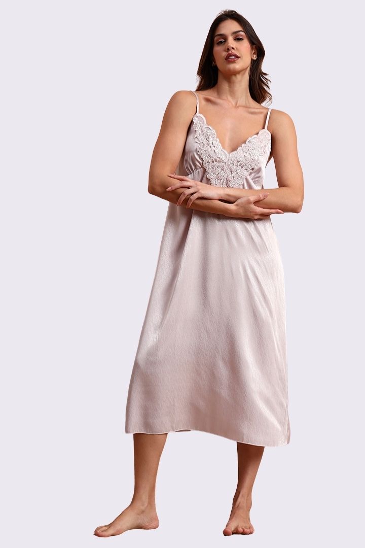 AXTZH Romantic Two-Piece Nightwear Set with Delicate Lace Sleeves and Slip X8801-BLUSH-F22S