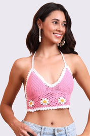 AXTZH Crochet Halter Beachwear Bra Top with Handcrafted Detailing and Playful Design-X0169-PINK-BW1PBL