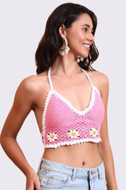 AXTZH Crochet Halter Beachwear Bra Top with Handcrafted Detailing and Playful Design-X0169-PINK-BW1PBL