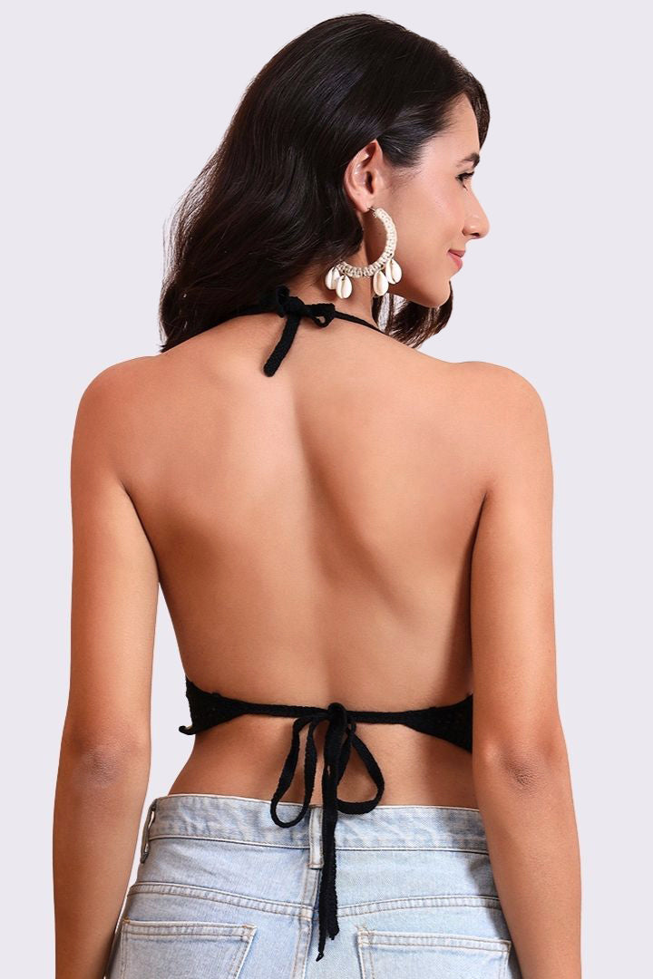 AXTZH Crochet Halter Beachwear Bra Top with Handcrafted Detailing and Playfu-X0169-BLACK1-BW1PBL