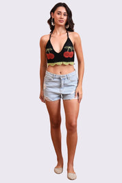 AXTZH Crochet Halter Beachwear Bra Top with Handcrafted Detailing and Playfu-X0169-BLACK1-BW1PBL