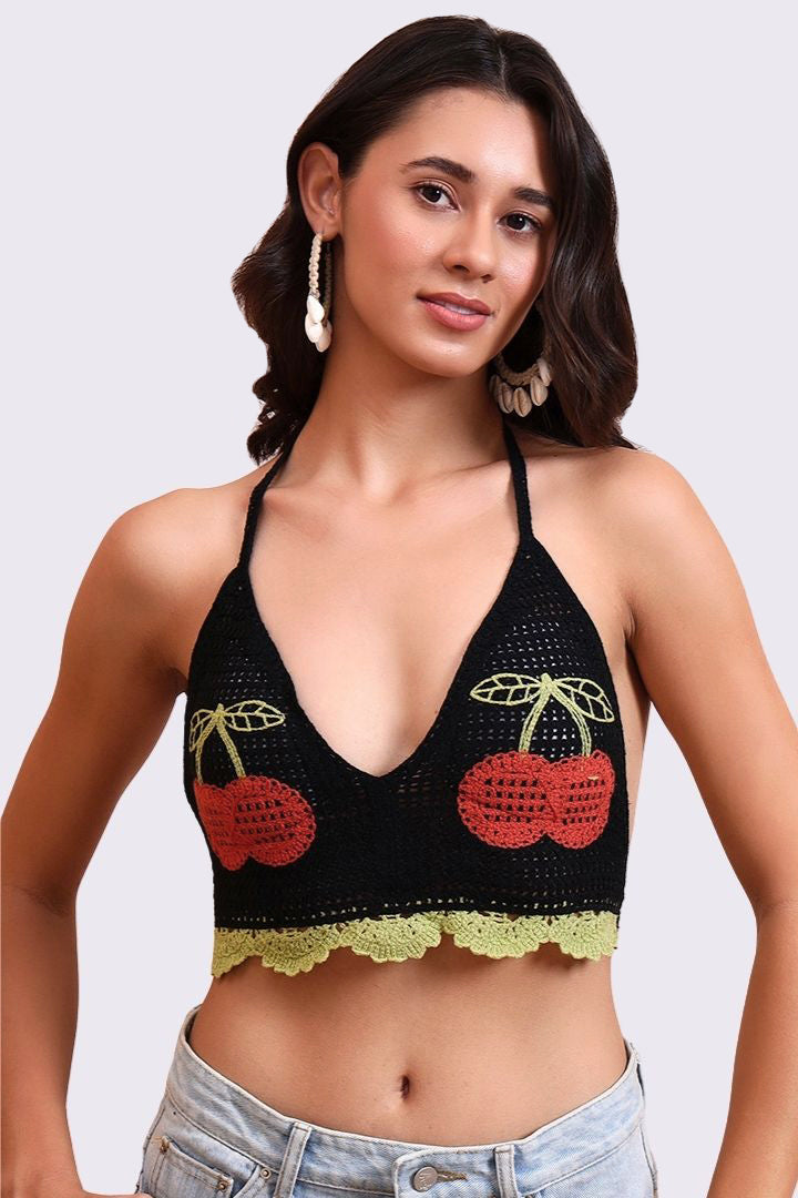 AXTZH Crochet Halter Beachwear Bra Top with Handcrafted Detailing and Playfu-X0169-BLACK1-BW1PBL