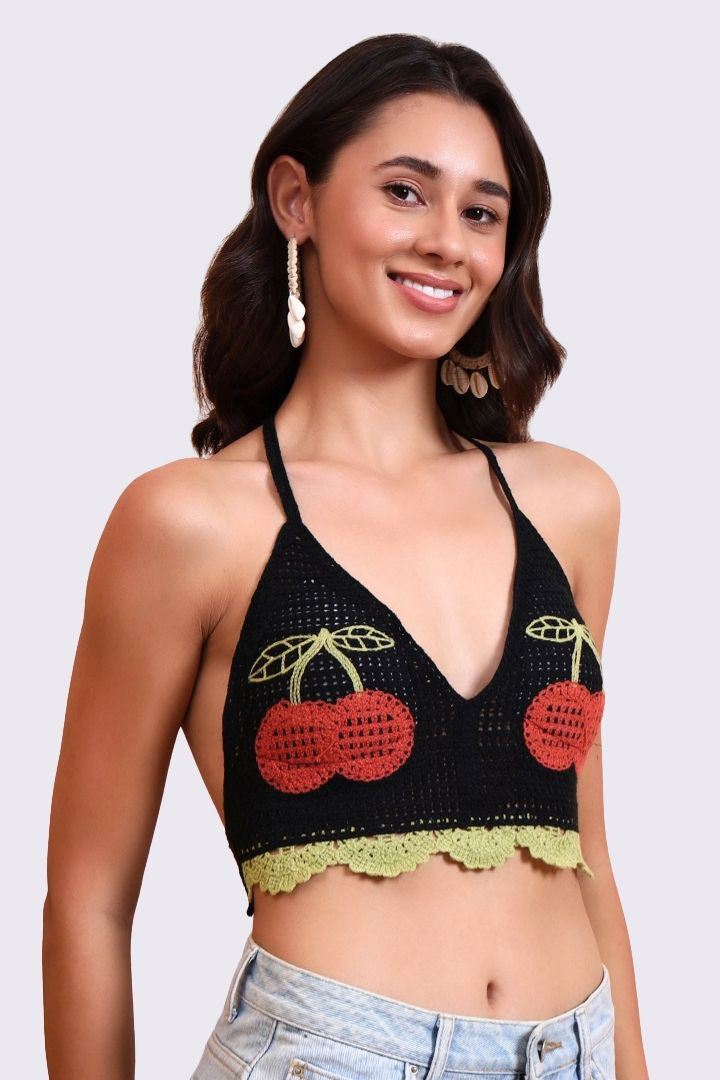 AXTZH Crochet Halter Beachwear Bra Top with Handcrafted Detailing and Playfu-X0169-BLACK1-BW1PBL