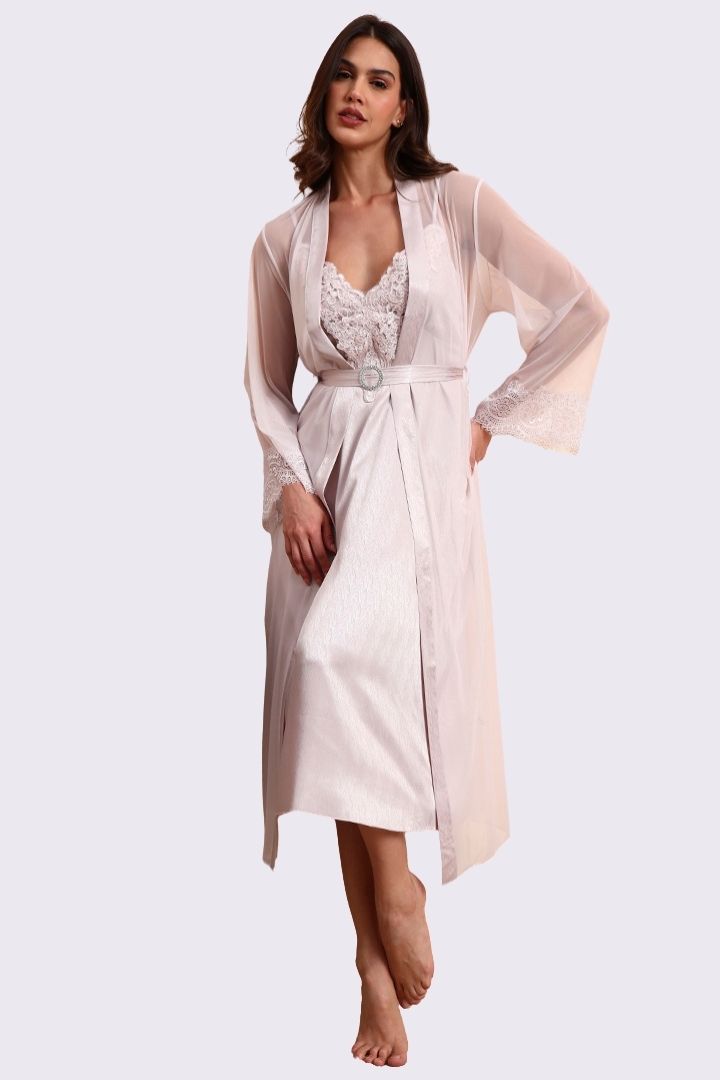 AXTZH Romantic Two-Piece Nightwear Set with Delicate Lace Sleeves and Slip X8801-BLUSH-F22S