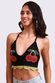 AXTZH Crochet Halter Beachwear Bra Top with Handcrafted Detailing and Playfu-X0169-BLACK1-BW1PBL