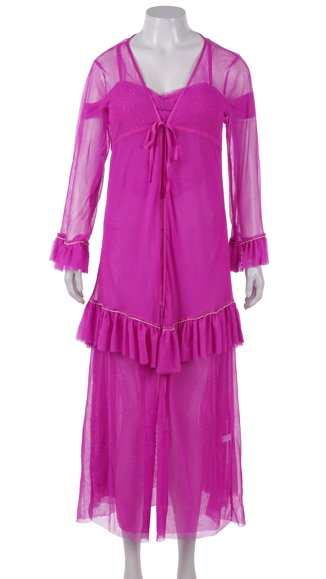 Sheer pink mesh robe with ruffle hem on mannequin, front view
