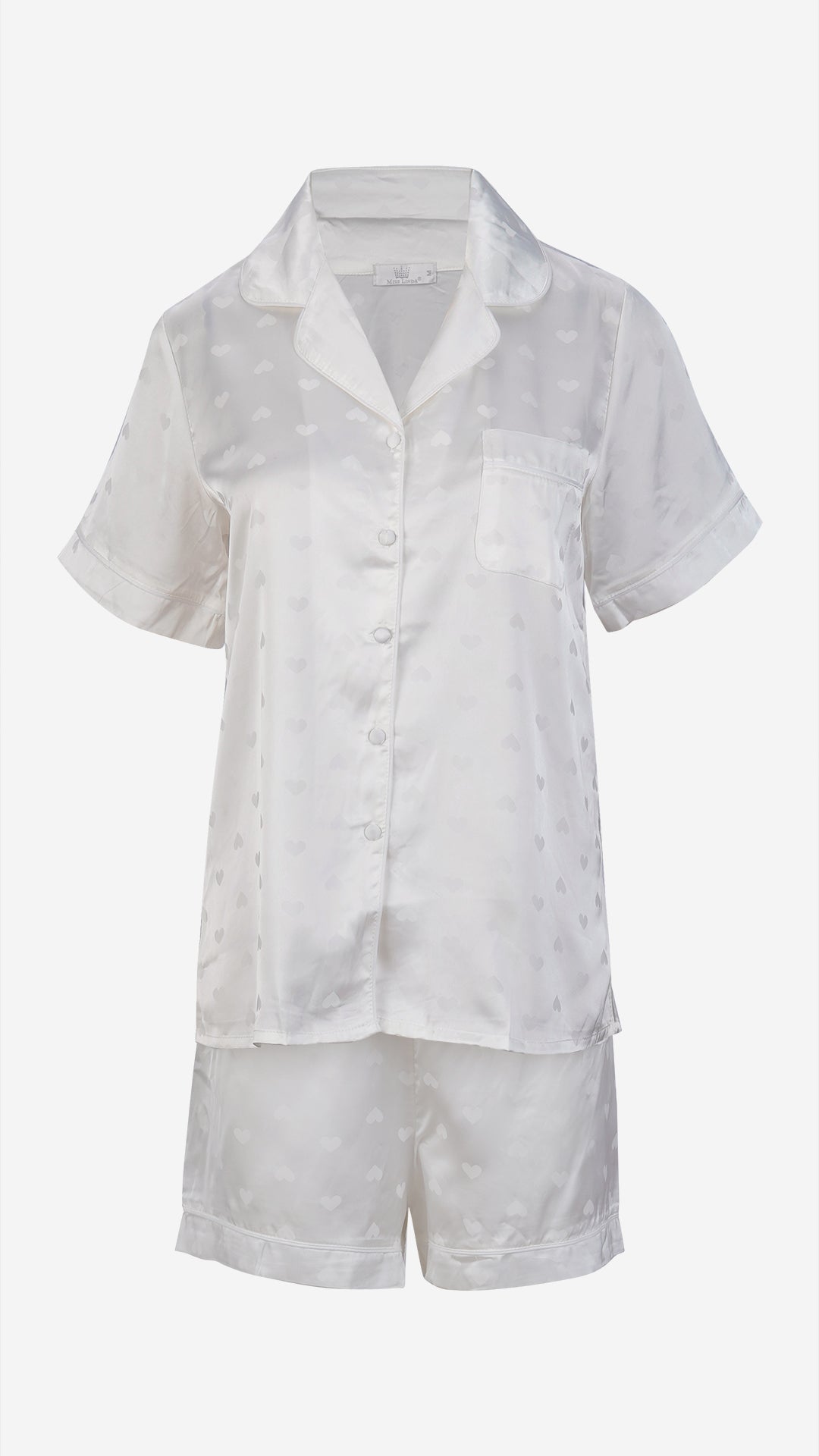 Ivory Heart Jacquard Satin Pajama Set — Shirt, Shorts & Pants