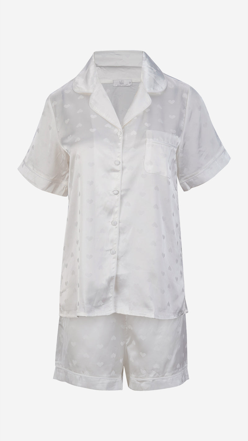 Ivory Heart Jacquard Satin Pajama Set — Shirt, Shorts & Pants