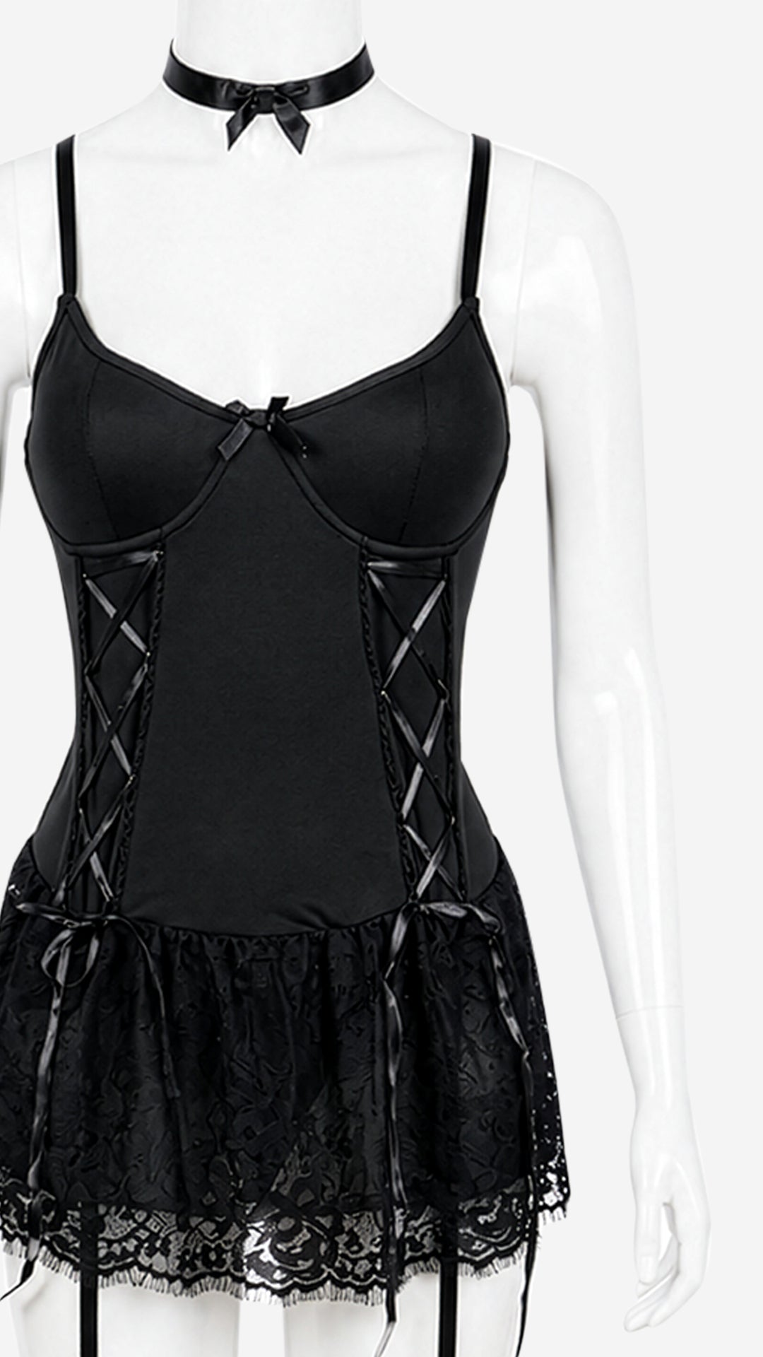 Black lace-up babydoll nightdress with choker on mannequin, front view