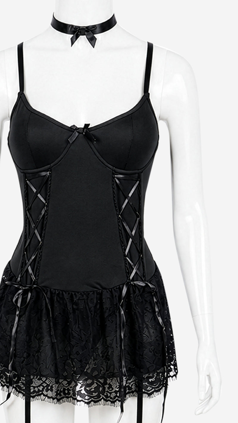 Black lace-up babydoll nightdress with choker on mannequin, front view