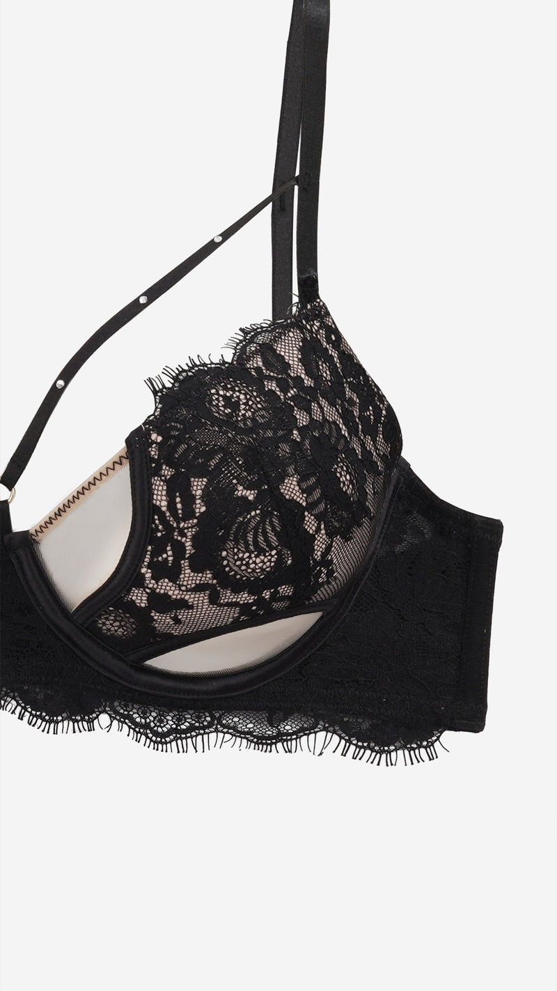 Black Strappy Lace Cage Bra with Cut-Outs