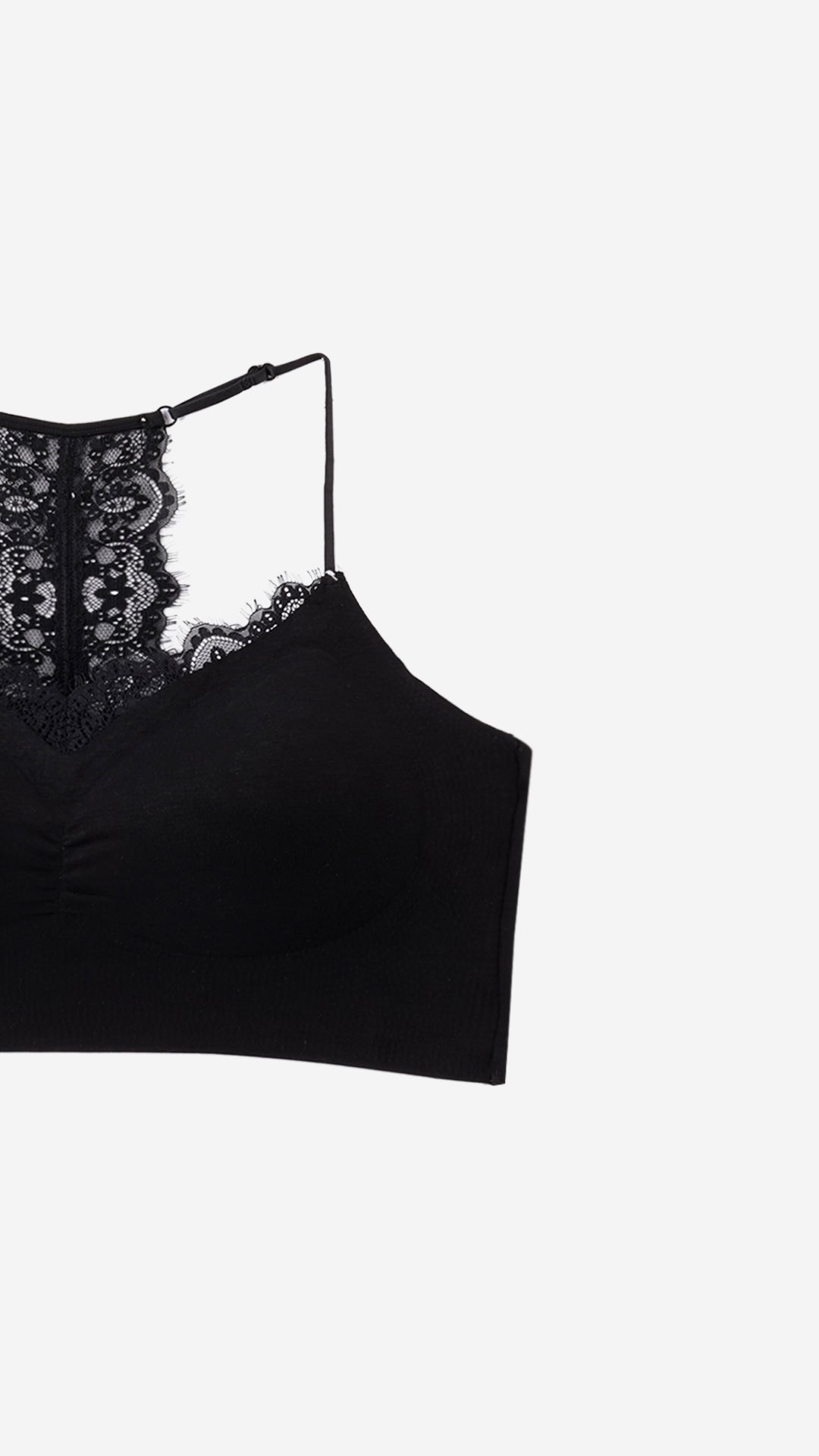 Close-up product shot of bralette lace panel and strap detail