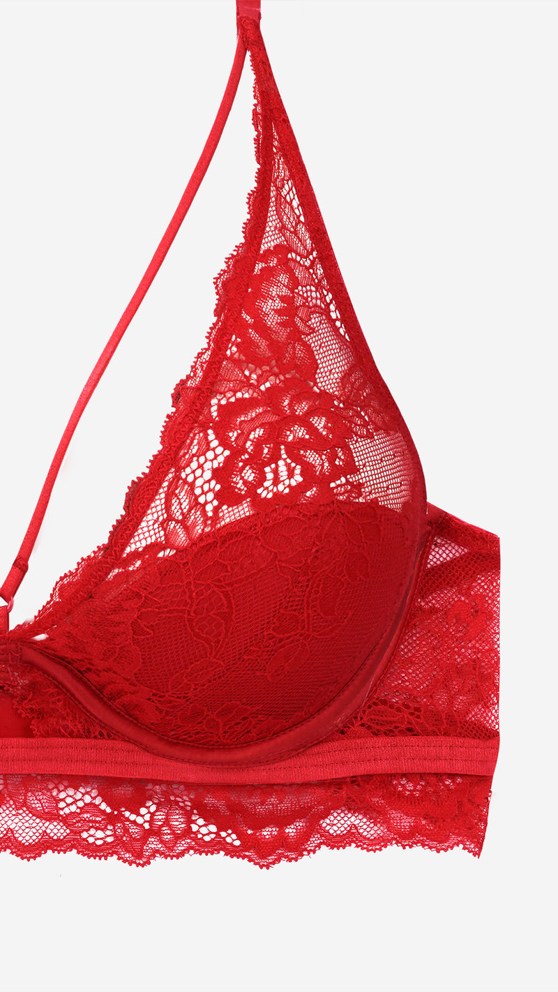 Lace Strappy Plunge Bra | Lightly Padded Wired Bra