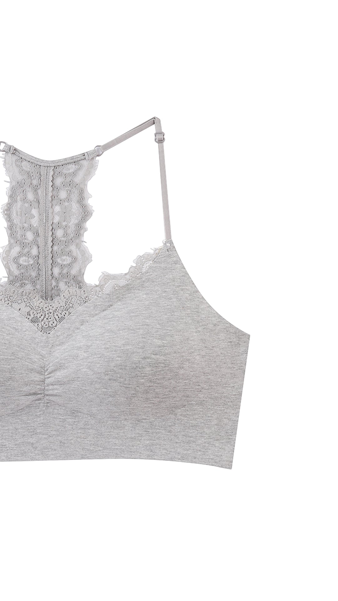 Close-up product shot of bralette lace panel and strap detail
