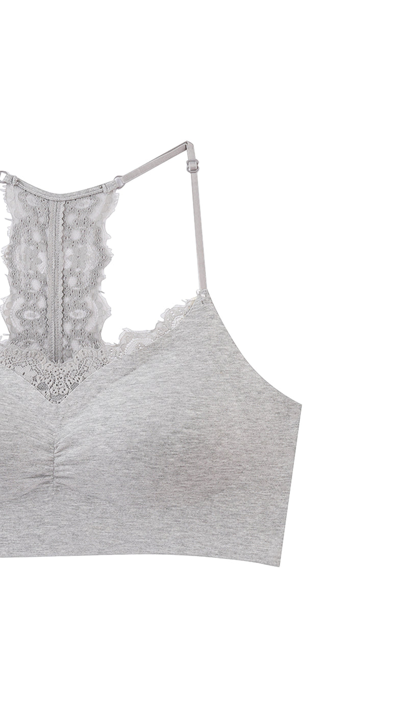 Close-up product shot of bralette lace panel and strap detail