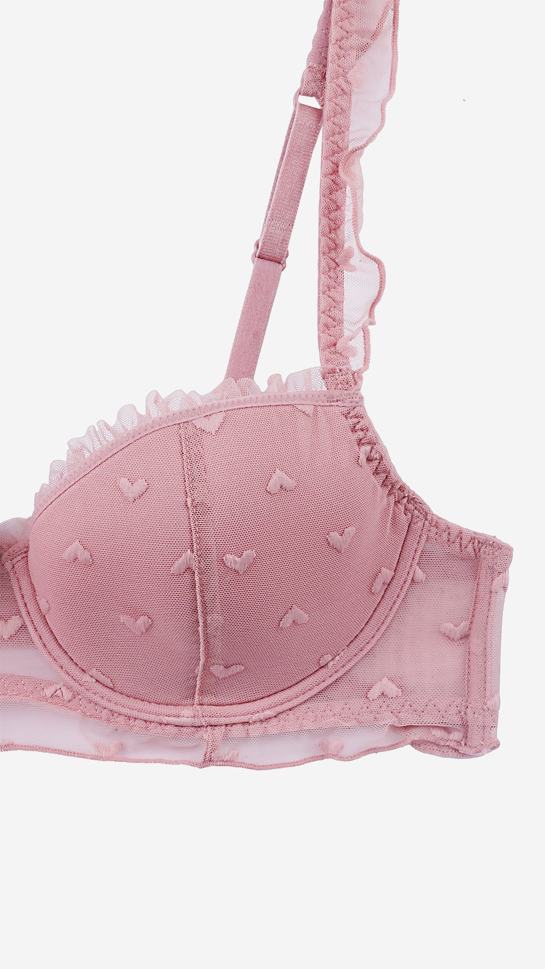 Rose Pink Heart Mesh Balconette Bra – Wired, Lightly Padded