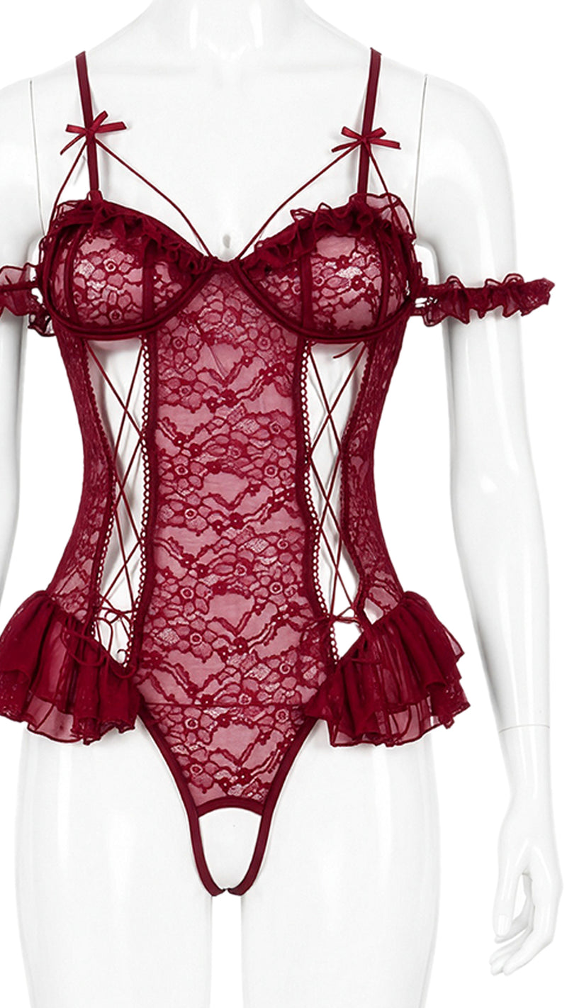 Close-up mannequin shot of red lace teddy corset and ruffle detail