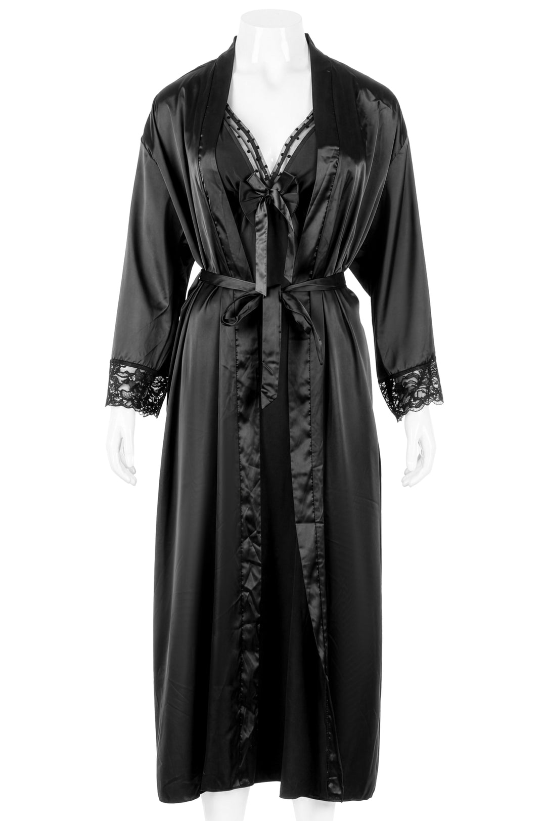 Black satin robe with lace cuffs and tie belt on mannequin, front view