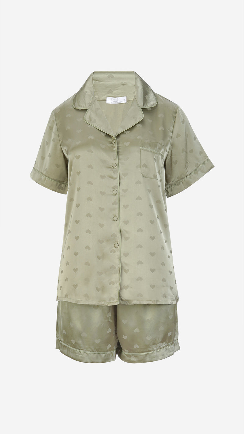 Mint Heart Jacquard Satin Pajama Set — Shirt, Shorts & Pants