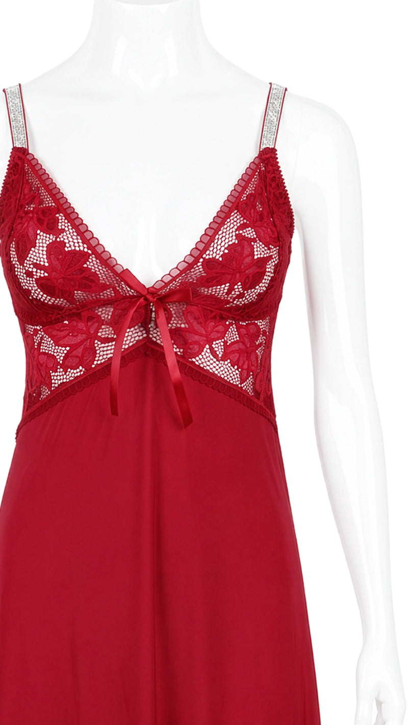 Close-up of red satin nightdress with lace bodice on mannequin