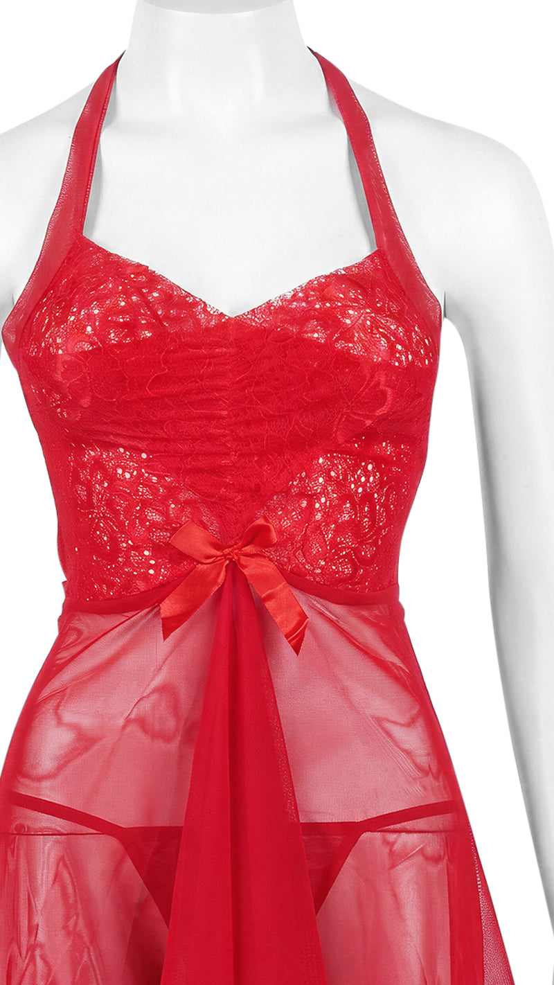 Close-up product shot of red halter babydoll bodice with bow detail on mannequin