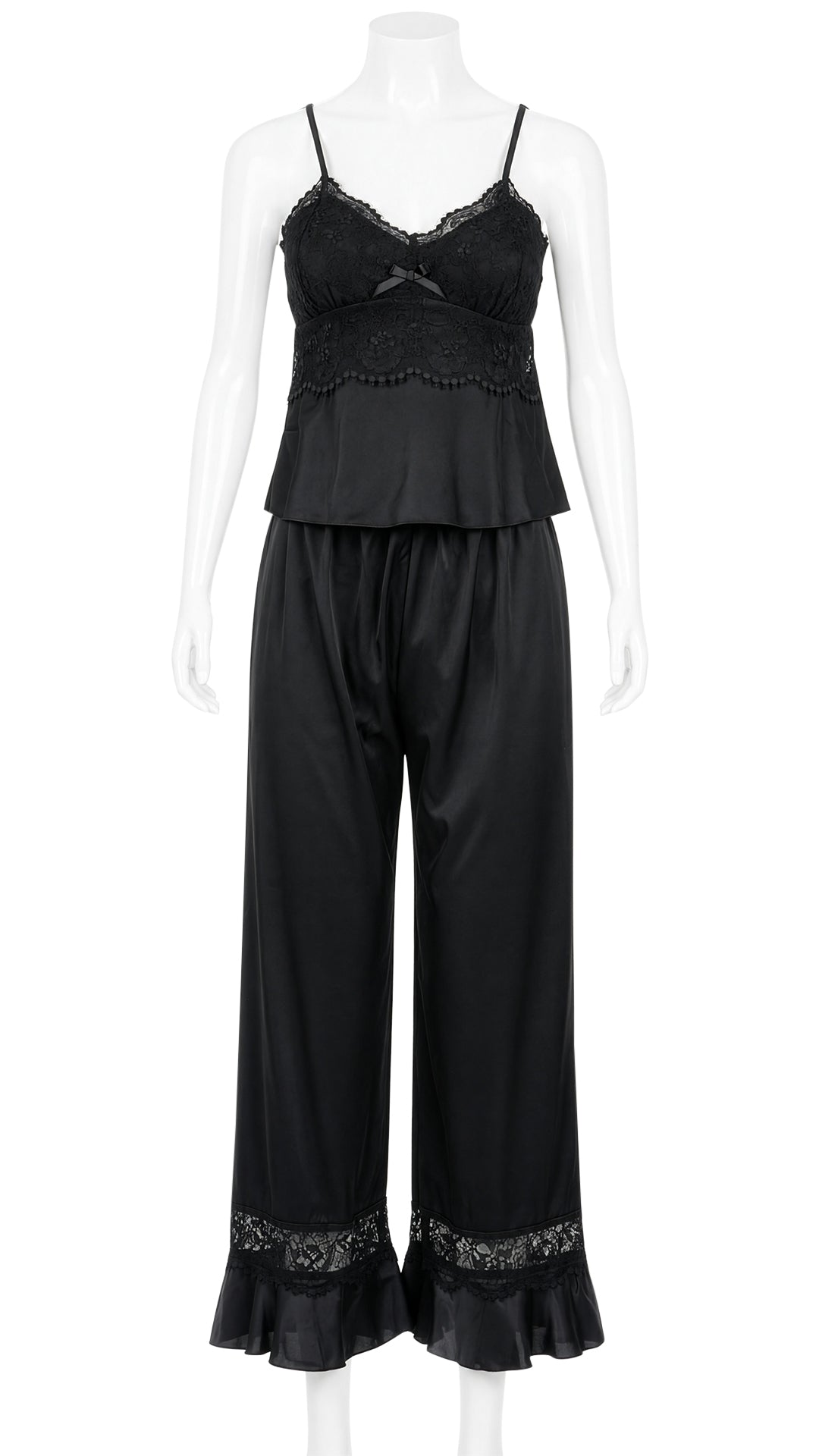 Product shot of black satin lace camisole and pyjama pants on mannequin