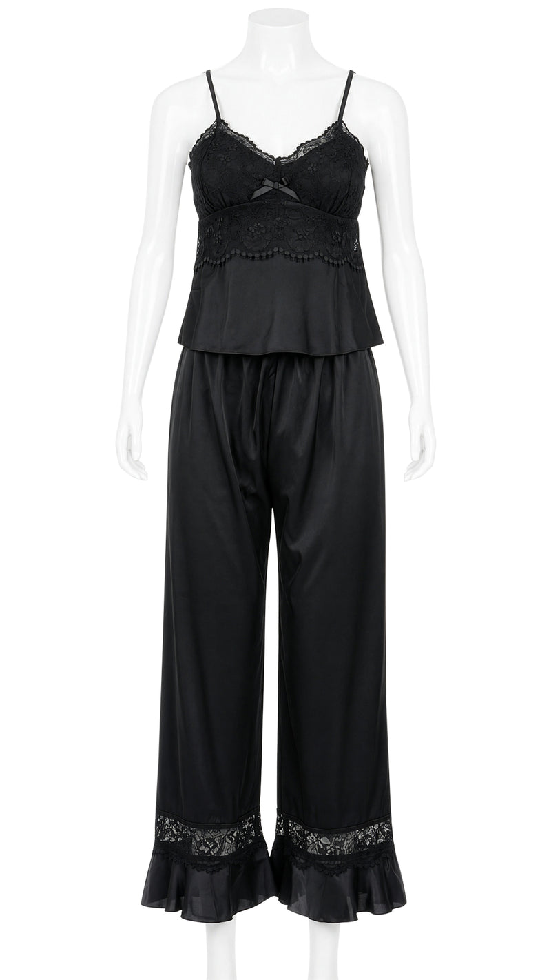 Product shot of black satin lace camisole and pyjama pants on mannequin