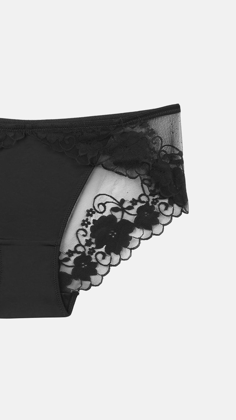 Black Sheer Lace Brief with Floral Trim