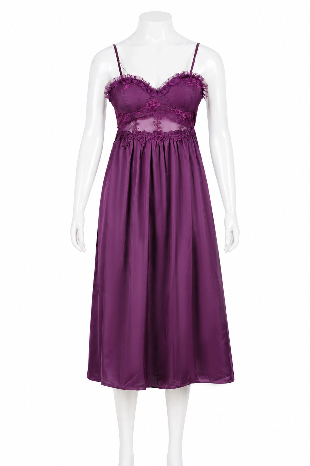 Front view of purple lace-bodice nightgown on mannequin