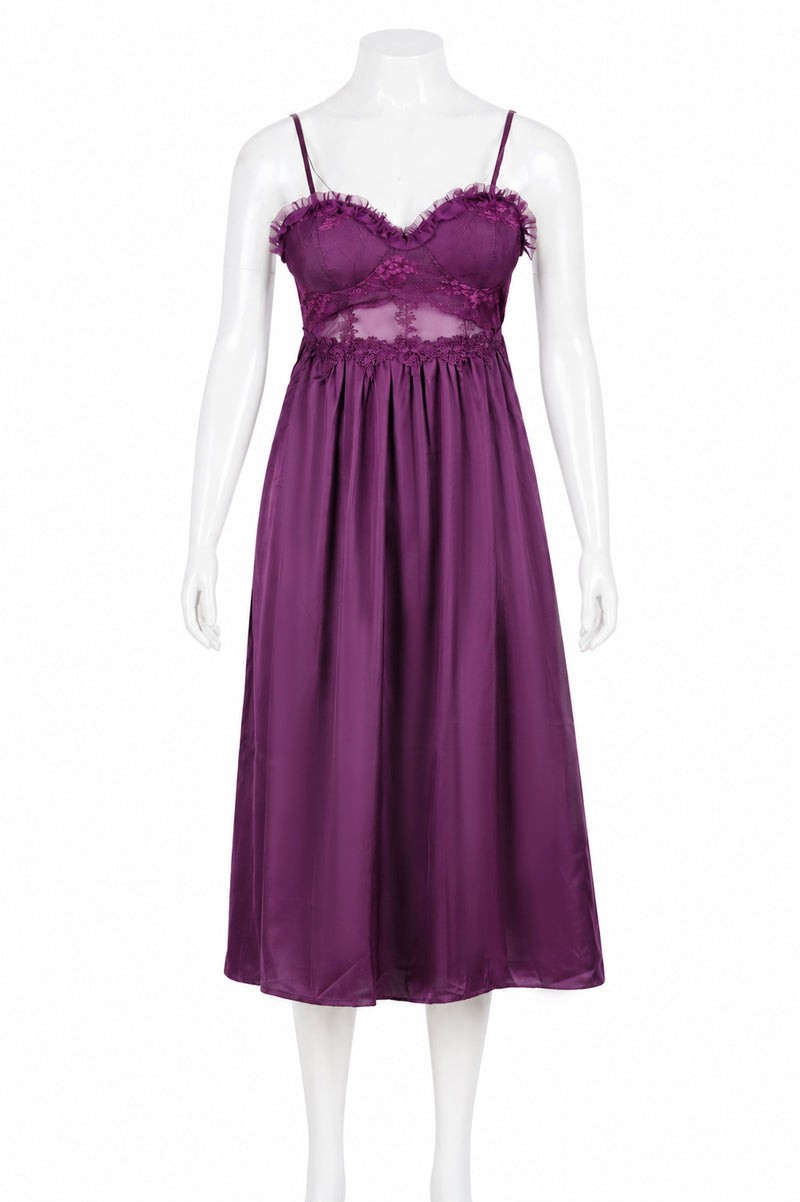 Front view of purple lace-bodice nightgown on mannequin