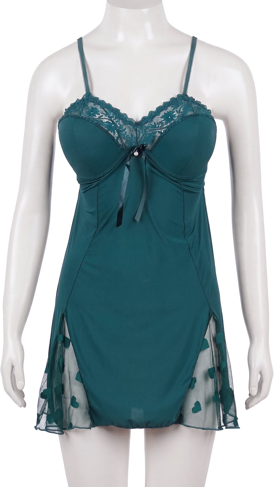 Product shot of teal babydoll with heart mesh panel on mannequin