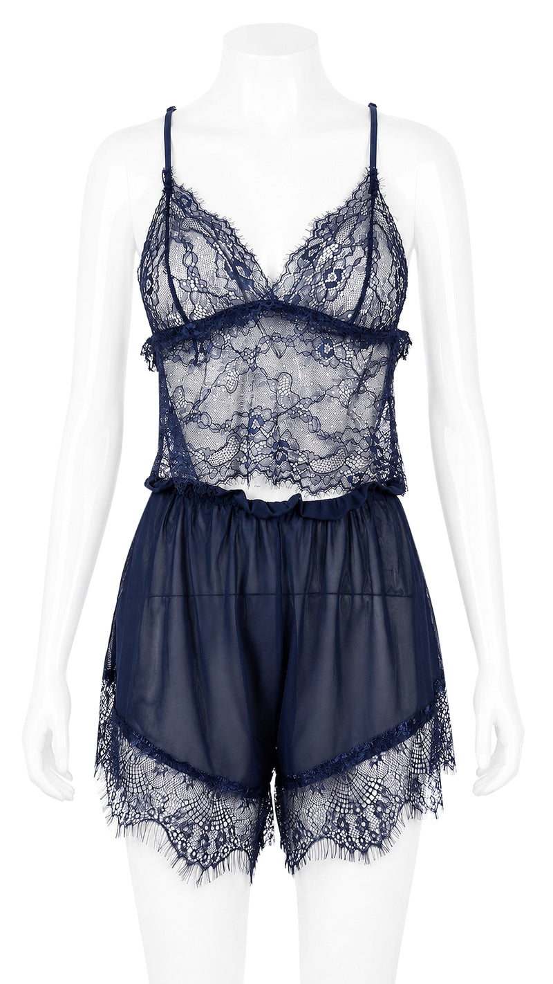 Navy lace cami and shorts set on mannequin, front view
