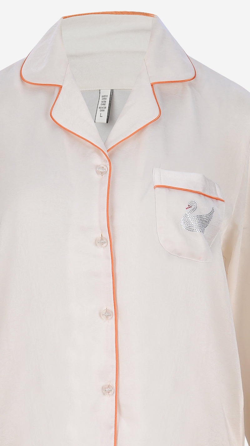 Vanilla Silk Satin Feather-Cuff Pajama Set