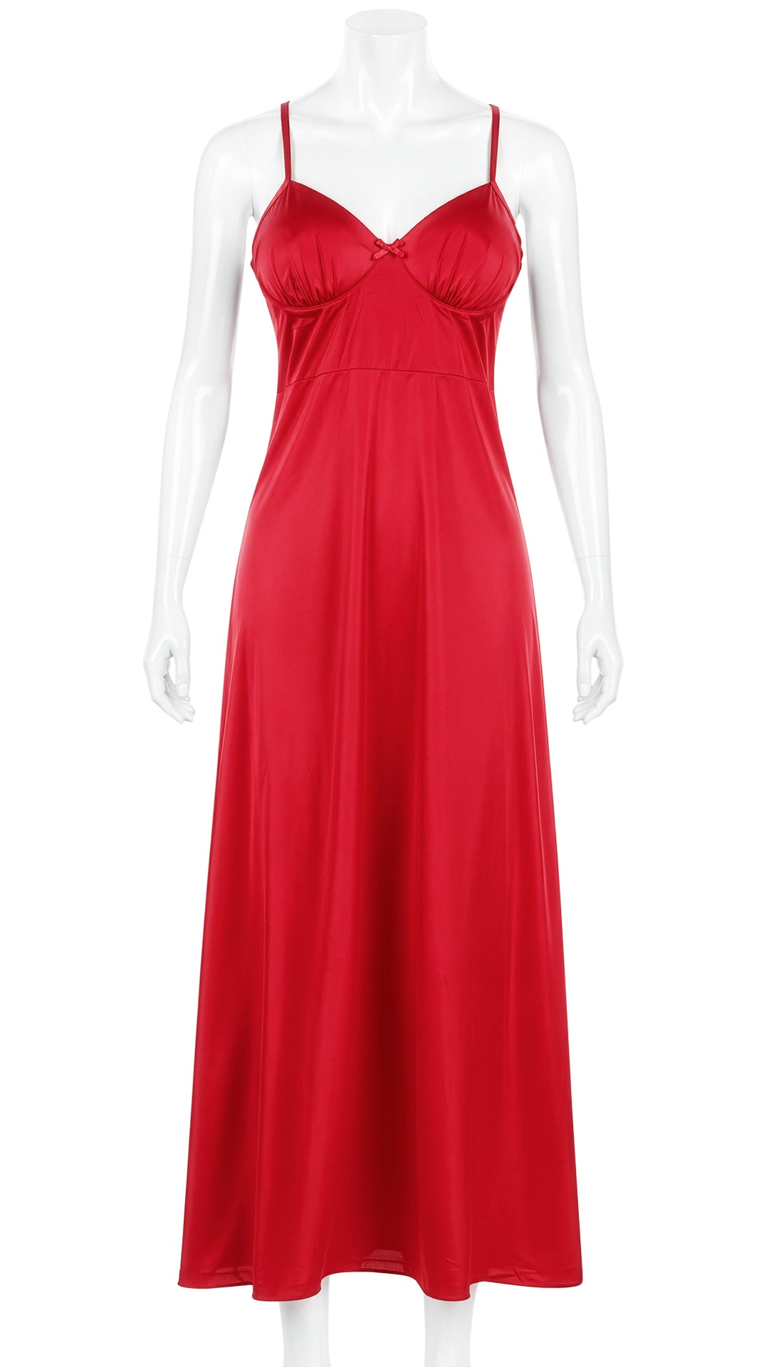 Mannequin display of red satin underwire nightgown with thin straps
