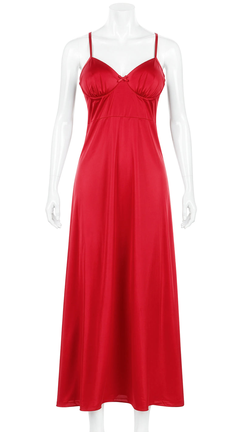 Mannequin display of red satin underwire nightgown with thin straps