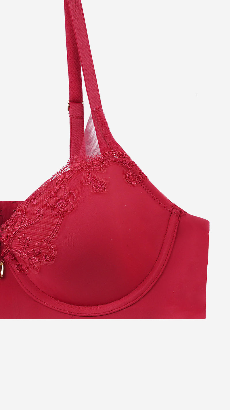 Red Lace Padded Underwired Bra with Bow Detail