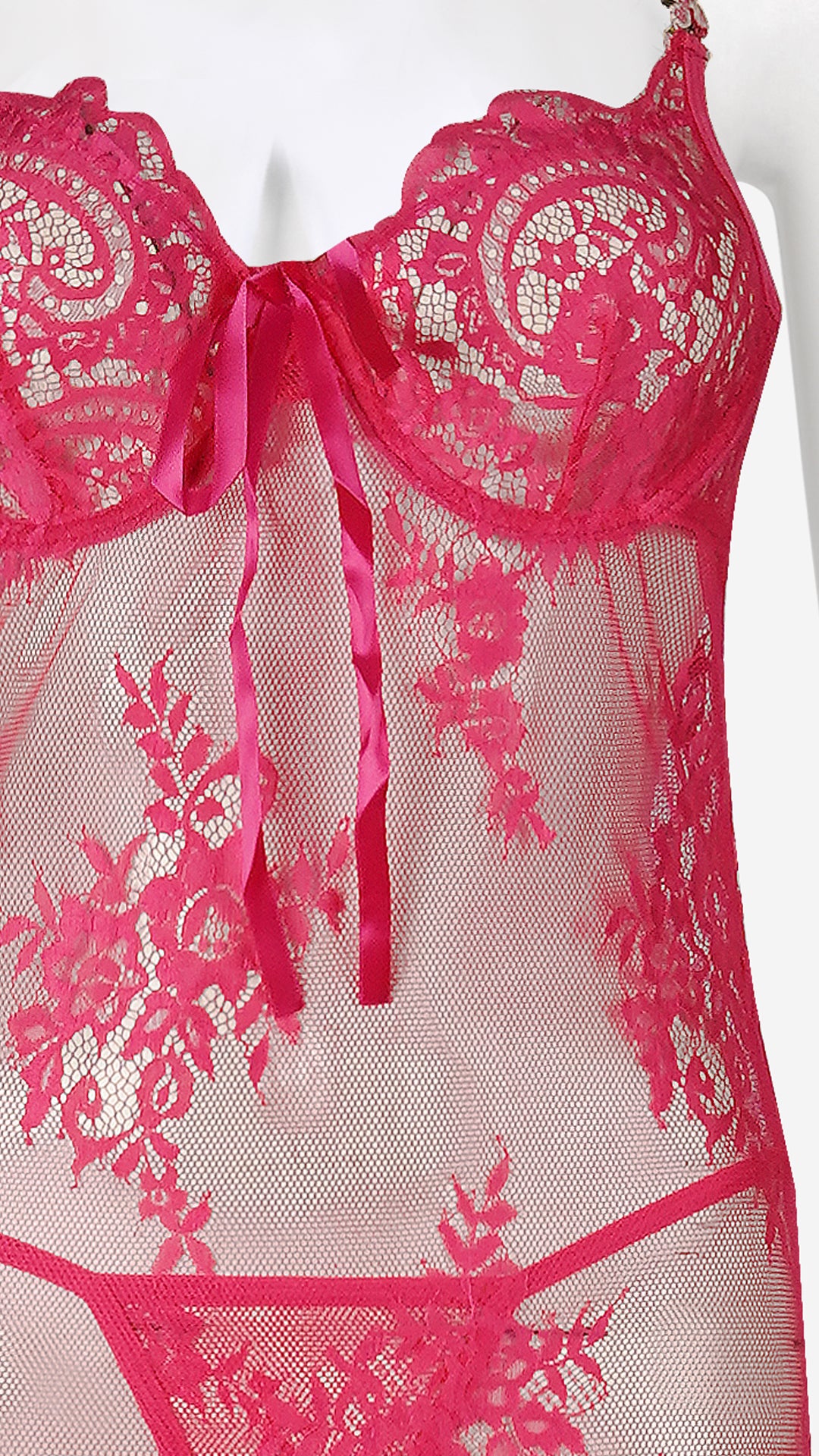 Pink Sheer Lace Long Nightgown with Thong