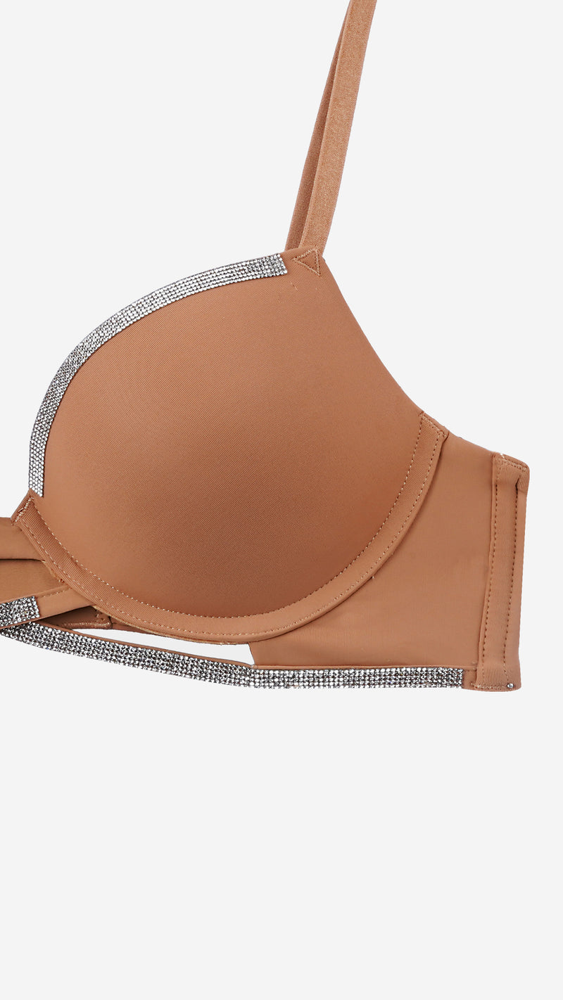 Toffee Strappy Push-Up Bra with Diamante Trim