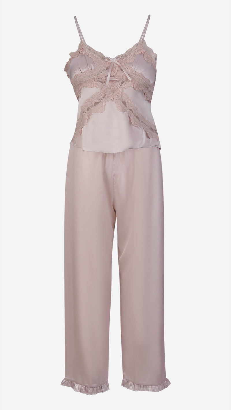 Blush Pink Satin Lace Cami, Pyjama & Robe Set