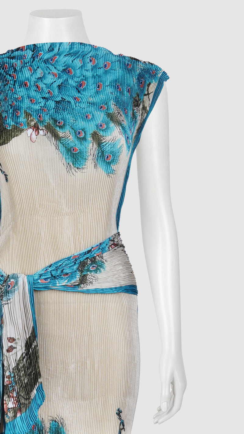 Beige Peacock Print Pleated Satin Column Dress