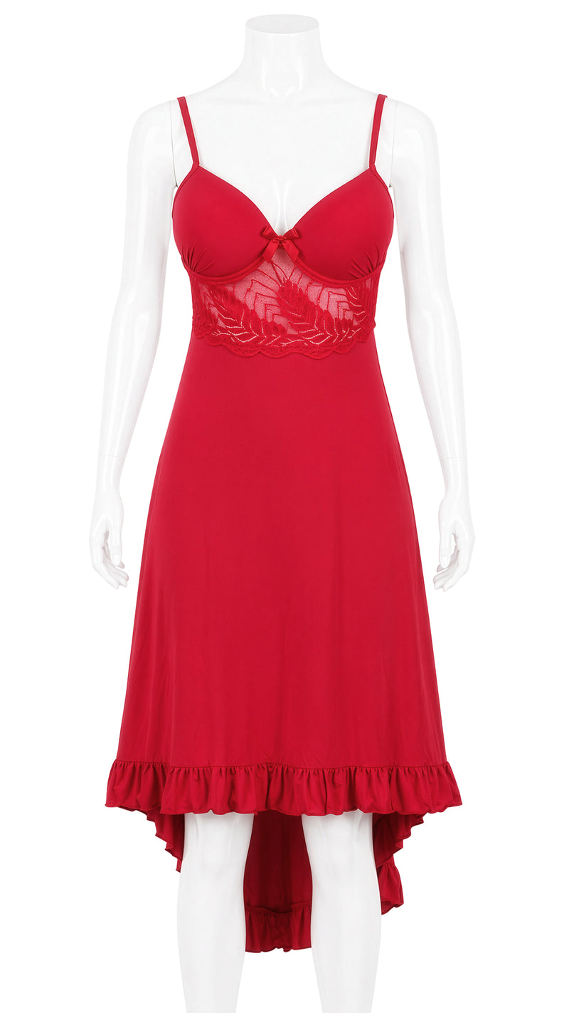Product shot of red padded-cup nightdress with ruffle hem on mannequin